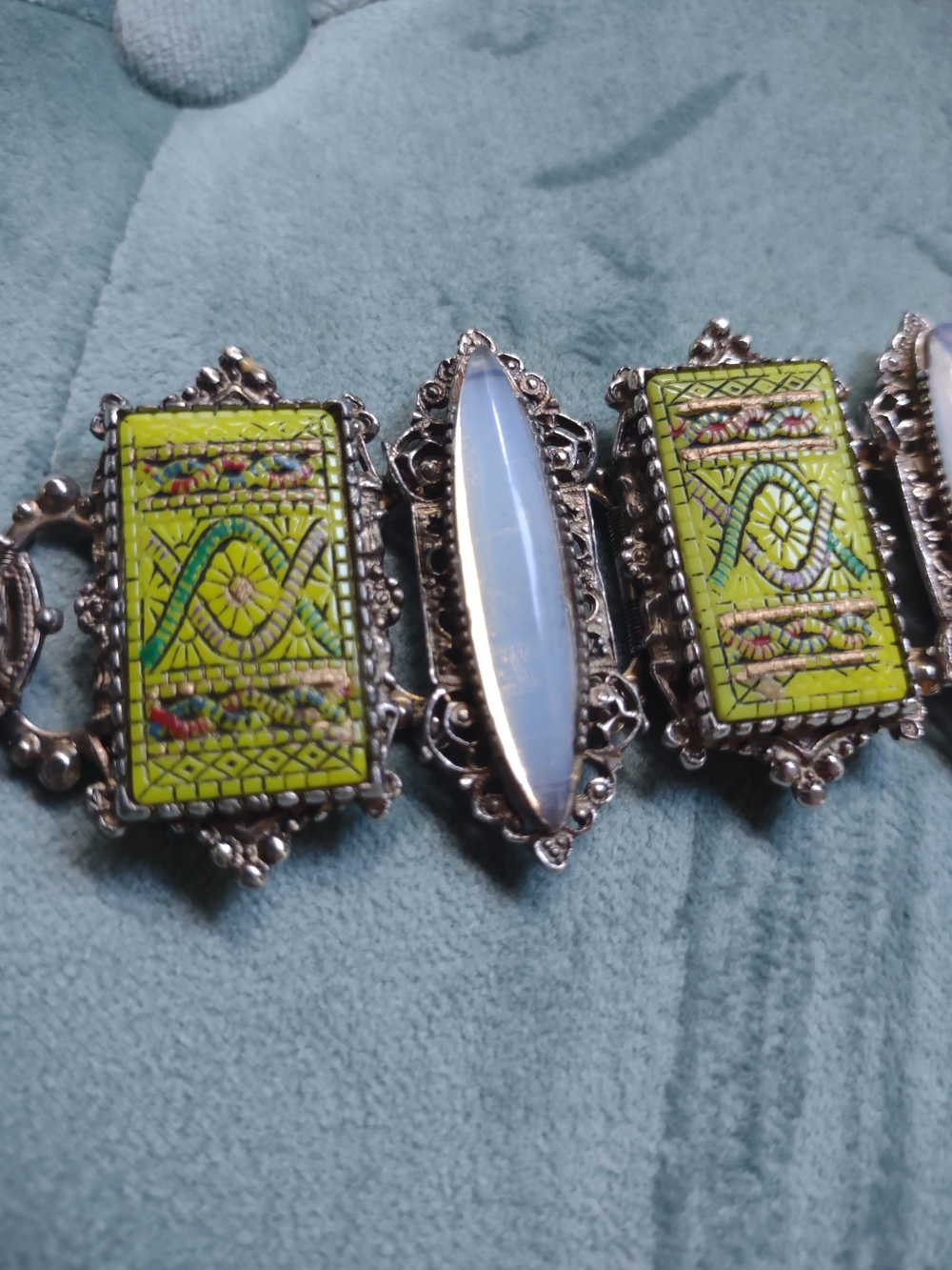Silver Filigree Bracelet with Lime Green Enamel and Opalescent Stone